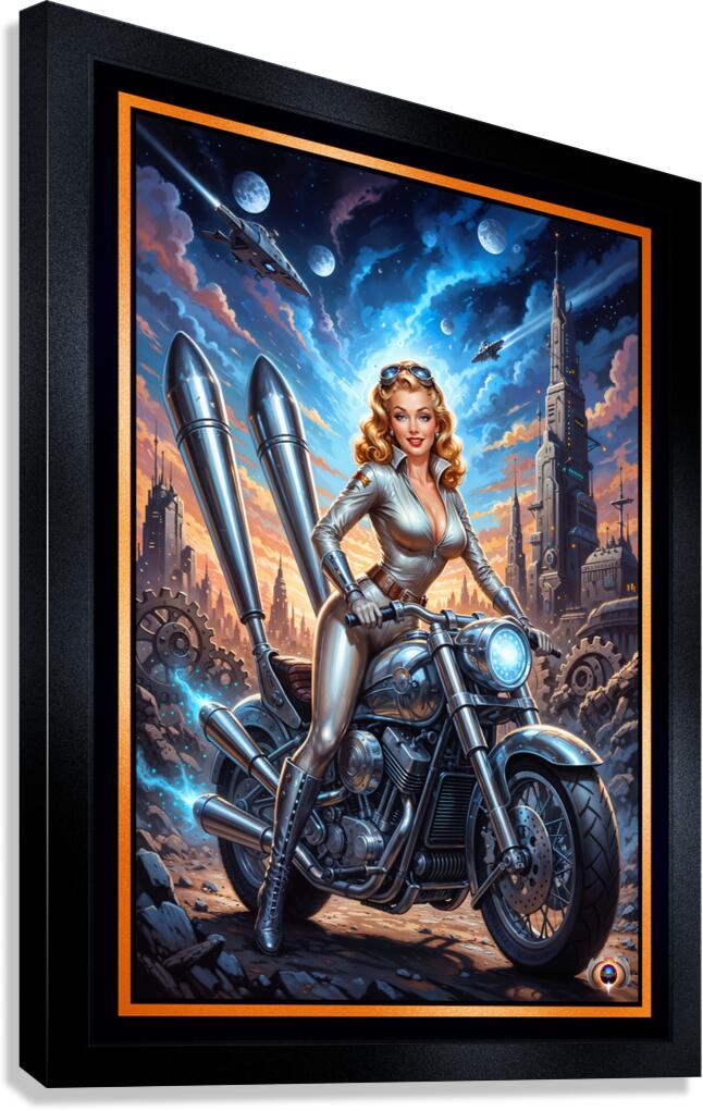 Sci-Fi Pin-Up Portrait Of Ariana Rossi On Her Stellar Racer Mesmerizing AI Concept Art by Xzendor7 Canvas Print