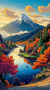 landscape mountains river autumn painting