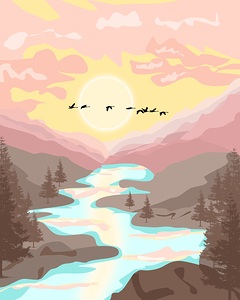 nature mountain birds river sunset