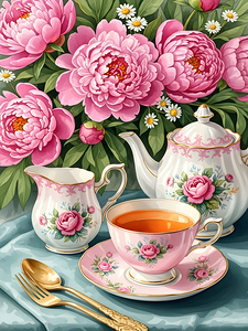 Elegant pink peony tea set with gold cutlery and