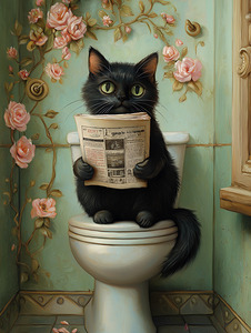 Black Cat On A Toilet Bathroom Wall Art Restroom Decor Japanese Wall Art Funny Cat Housewarming Gift