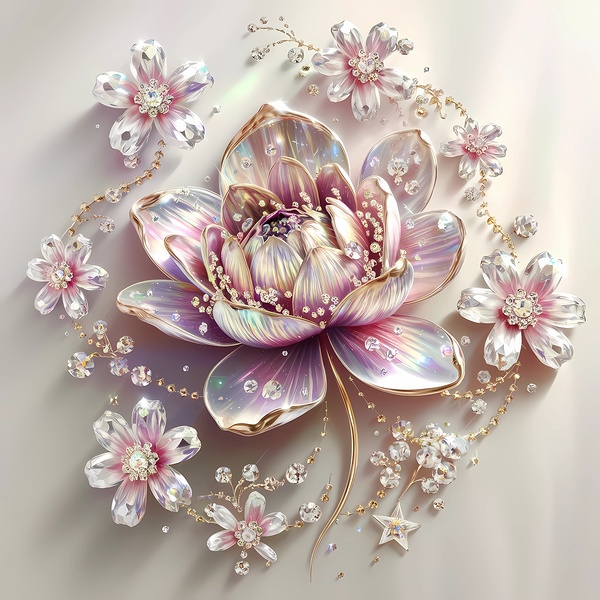Iridescent Lotus Elegance: A Crystal Floral Fantasy Print