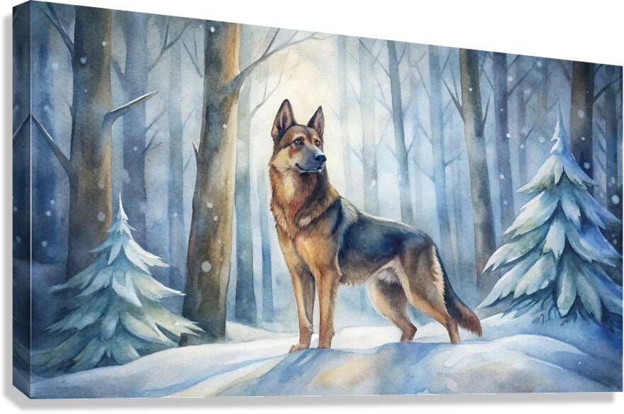 Noble German Shepherd in a Serene Snowy Forest - Watercolor Winter Canvas Print