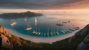 A group of boats docked on the beach next to the mountains. A magical scene. 11
