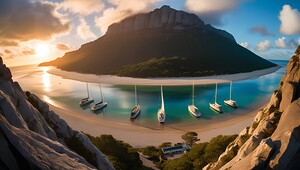 A group of boats docked on the beach next to the mountains. A magical scene. 26