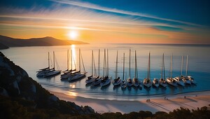A group of boats docked on the beach next to the mountains. A magical scene. 3