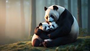Beautiful panda holding her babies 4