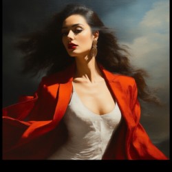Red Elegance in Motion – Hyperrealist Modern Muse by AotearoArt