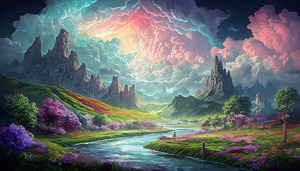 Painting Of A Vibrant Fantasy Landscape Under Moon