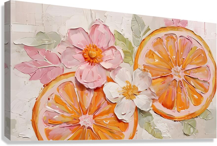 Vibrant Citrus Blossom – Impressionist Oil Painting with Orange Slices and Flowers  Canvas Print