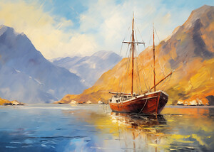 Classic Boat on a Lake between mountains