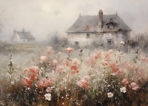Pink Flowers in front of an old house