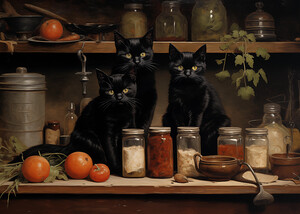 Three Black Cat in the Pantry