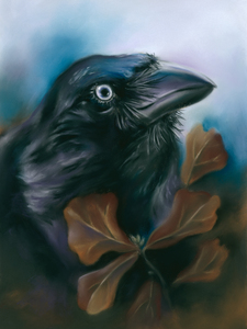 Raven with Autumn Oak Leaves