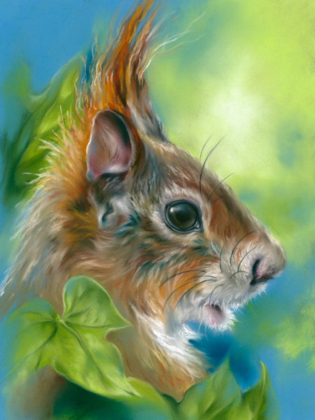 Red Squirrel with Green Leaves Print