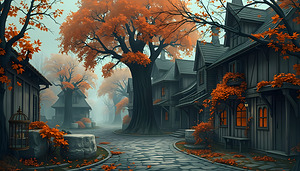 A Gloomy Fantasy Village Bathed in Golden Light.p