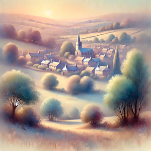Pastel Village Serenity Dreamy Landscape