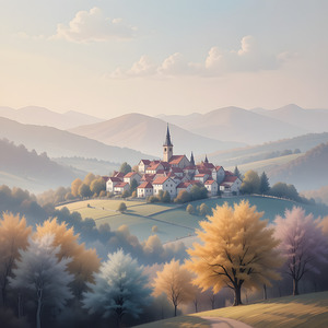 Autumn Hilltop Village   Serene Landscape