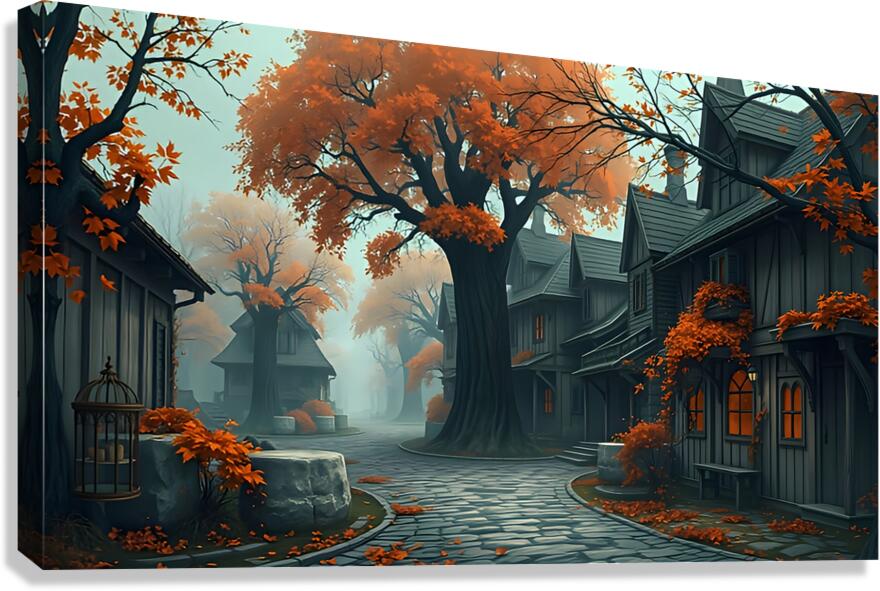 A Gloomy Fantasy Village Bathed in Golden Light.p Canvas Print