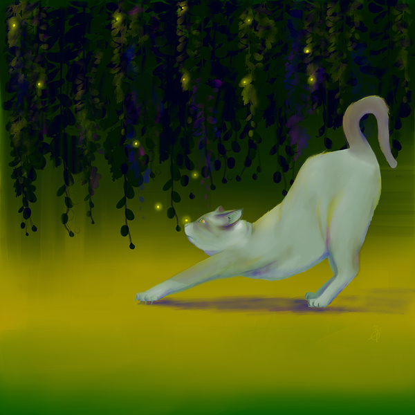 Cat in Greenery with Fireflies Print