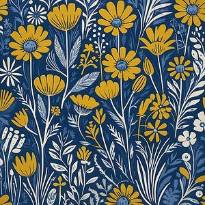  linocut flower meadow mustard blue