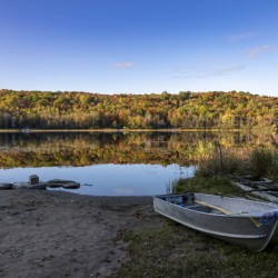 Rowboat by a Lake in an Autumn Forest