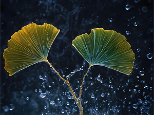 Ginkgo Leaves Sparkling with Water Droplets