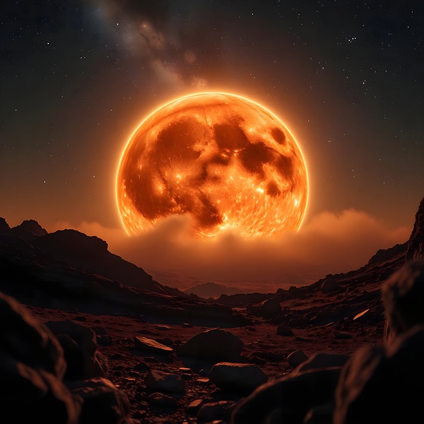 Fiery Orange Moon over Rocky Landscape