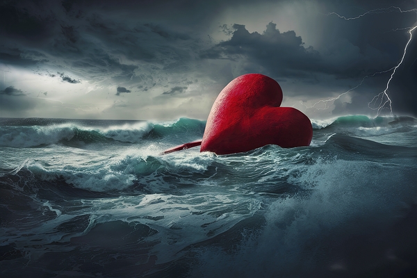 Large Red Heart Precariously Drifting In Tumultuo Print