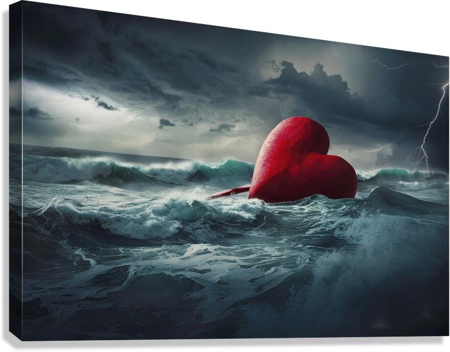 Large Red Heart Precariously Drifting In Tumultuo Canvas Print