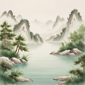 Tranquil Mist: Traditional East Asian Landscape Art in Watercolor