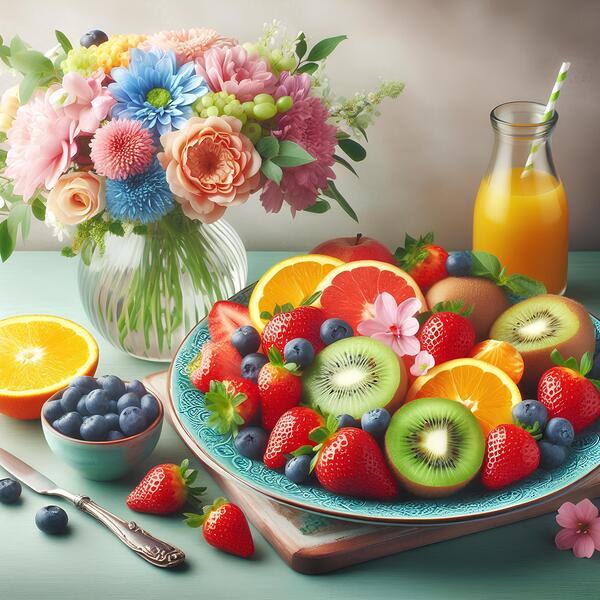 A plate of various fruits and a vase of flowers by mdart