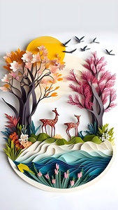 paper cut of deer and trees with birds flying 