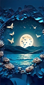 paper cut of a full moon and flowers with a lake 