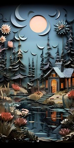  painting of a house in the woods with a pond and flowers