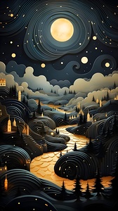 painting of a night scene with a river and a castle in the distance 