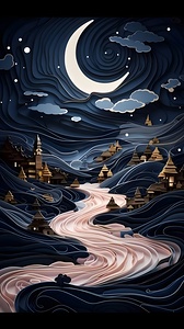 painting of a night scene with a moon and a river 