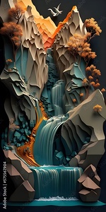 waterfall with a bird flying over it and mountains