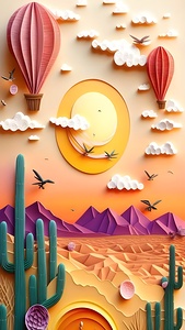  desert scene with hot air balloons and cactus trees in the foreground