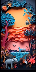 paper cut of a landscape with animals and trees at sunset 