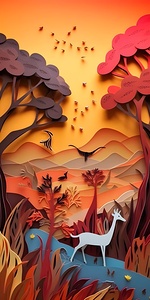 paper cut of a deer in a forest at sunset with trees and birds flying 