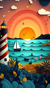  painting of a lighthouse and a boat on the ocean