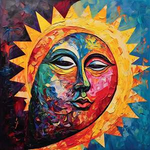 sun with a face on its face and a blue background 