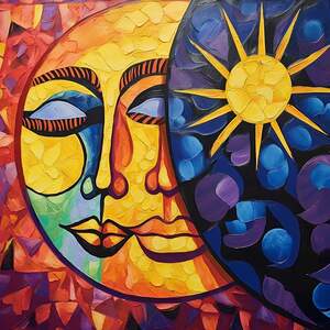 two faces with the sun and moon 