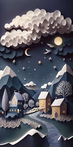 paper cut of a snowy landscape with houses Print