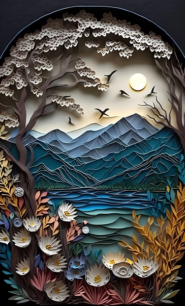  paper cut of a landscape with trees and flowers Print