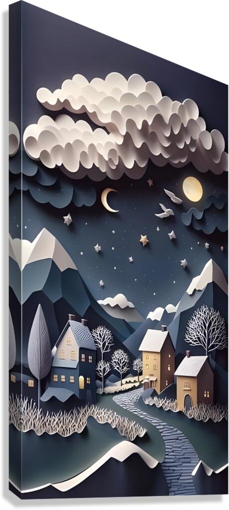 paper cut of a snowy landscape with houses Canvas Print