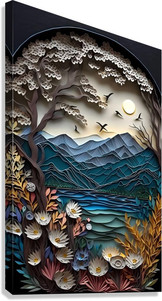  paper cut of a landscape with trees and flowers Canvas Print