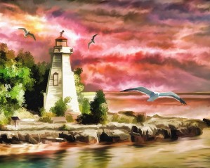 lighthouse ocean sunset seagulls