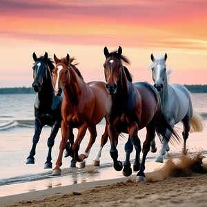 Galloping Grace: Majestic Horses Running Along a Sunset Shore
